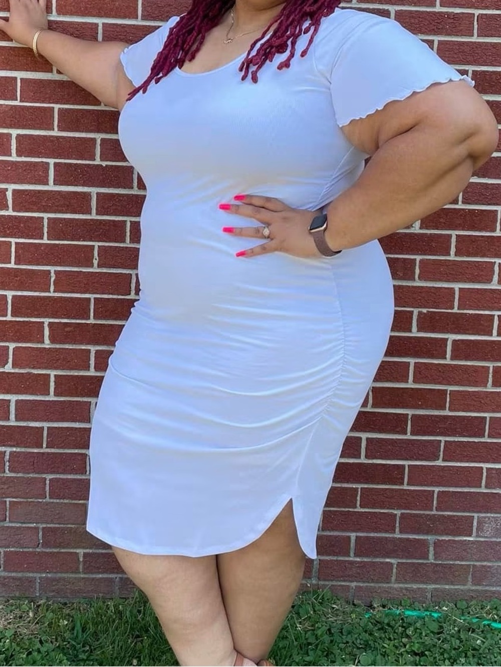 Ashley Stewart White Bodycon Midi Dress with Side Ruching